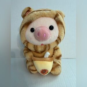Baby Pig in Striped Tiger Hoodie Holding Boba Tea Cup